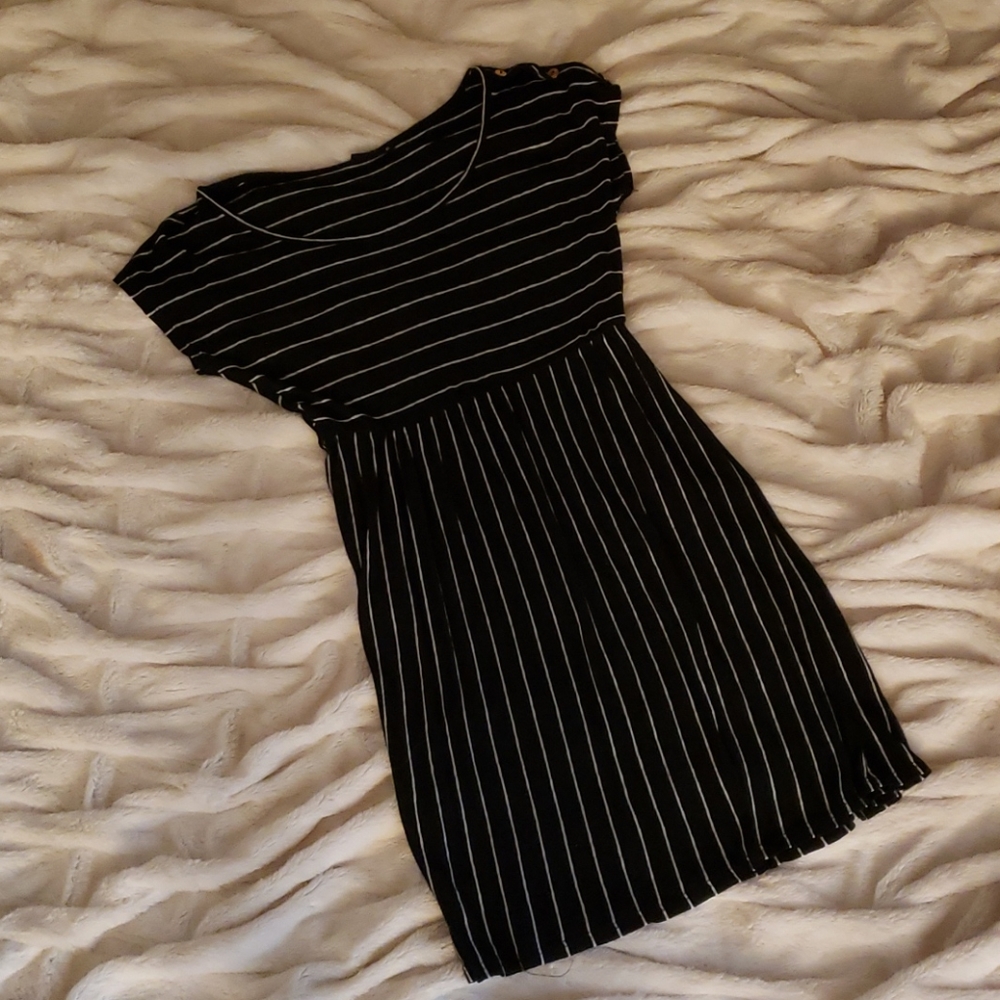Edge Midi Dress Empire Waist Black White Pinstripes Women's Small S